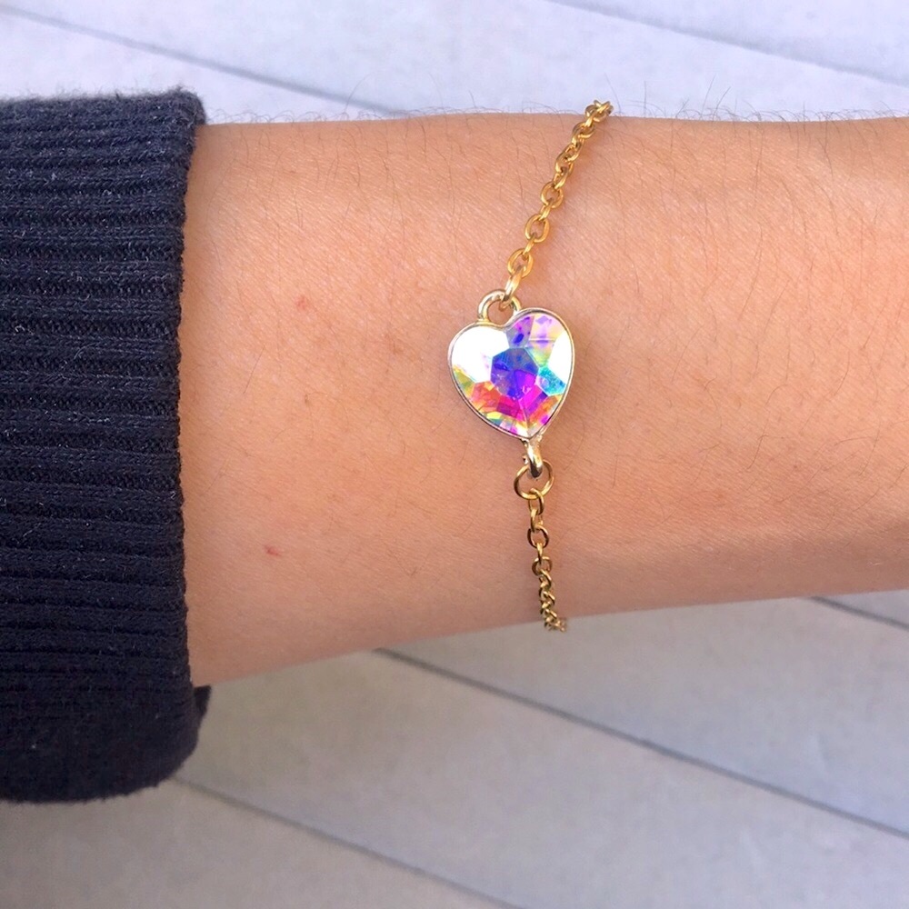 Aurora Borealis + Gold Crystal Heart Boho Bracelet